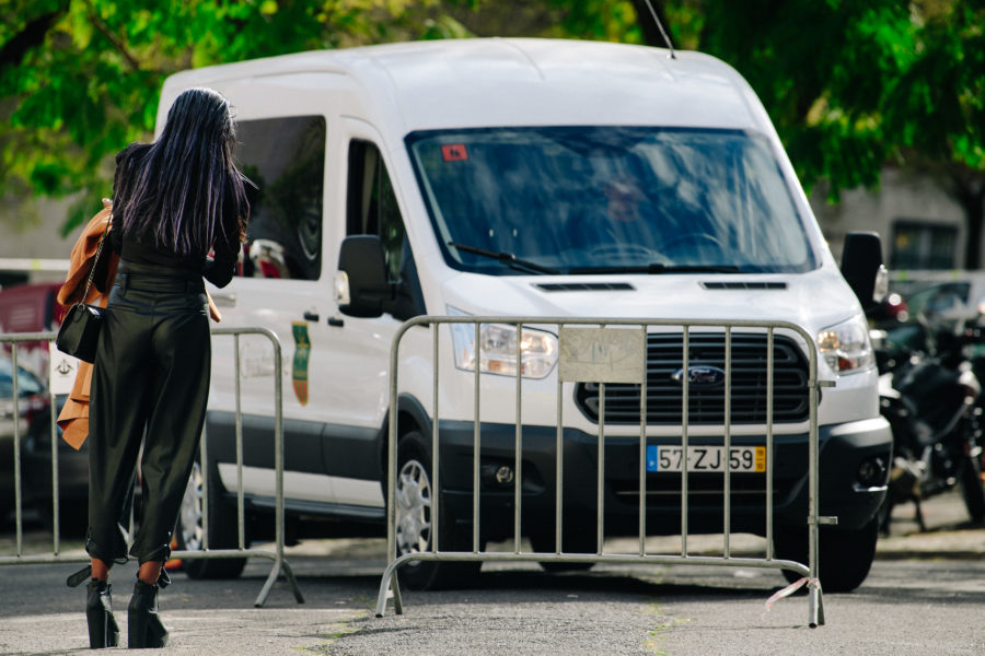 Woman wearing leather pants